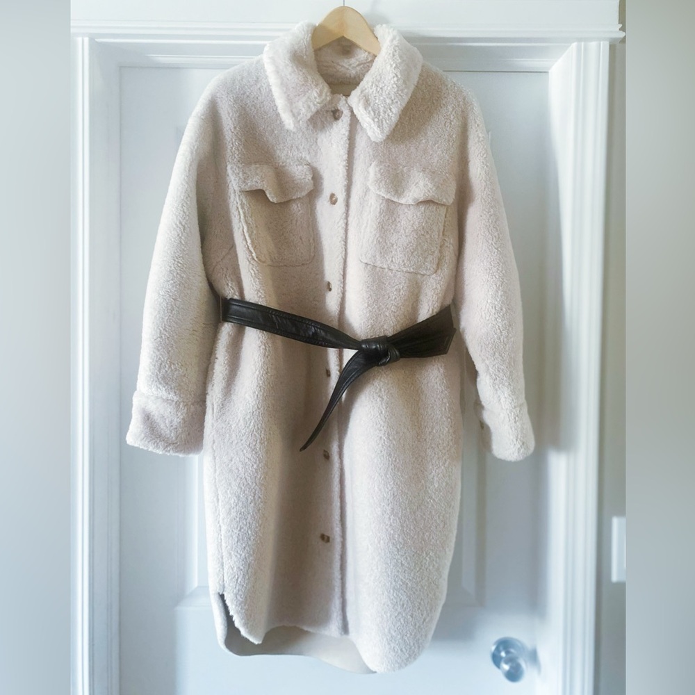 Maje Cream Teddy Coat with Black Belt